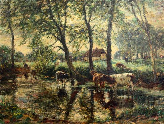 William Mark Fisher (1841-1923) Cattle watering, Wilmington Pond, 21.5 x 28in.